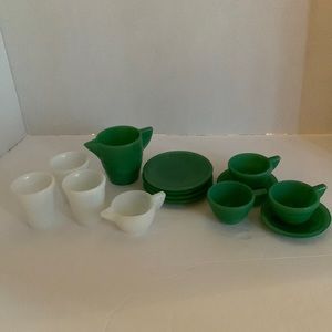 Vintage AKRO AGATE, slag glass children’s playtime tea set, Jadite& milk glass